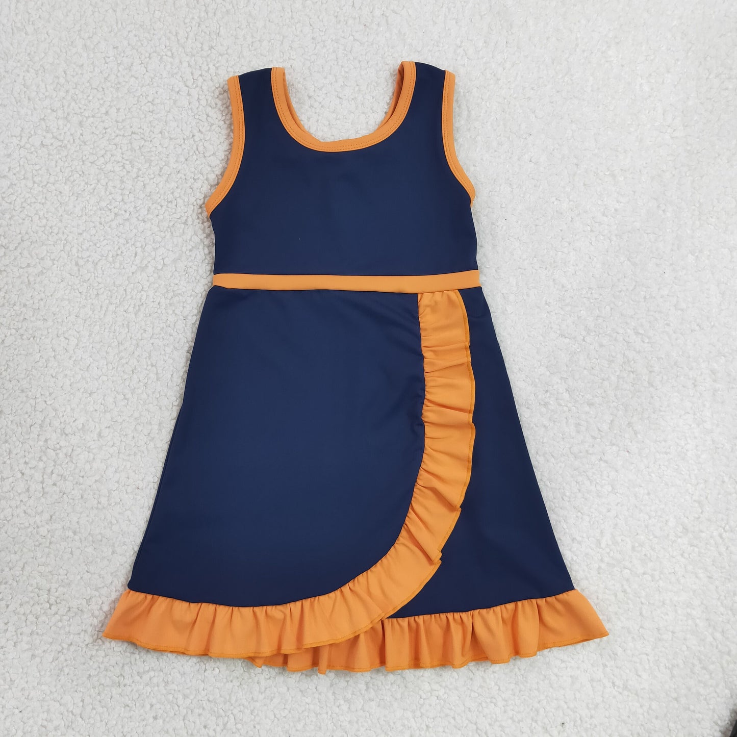 solid navy blue and orange ruffle athletic dress