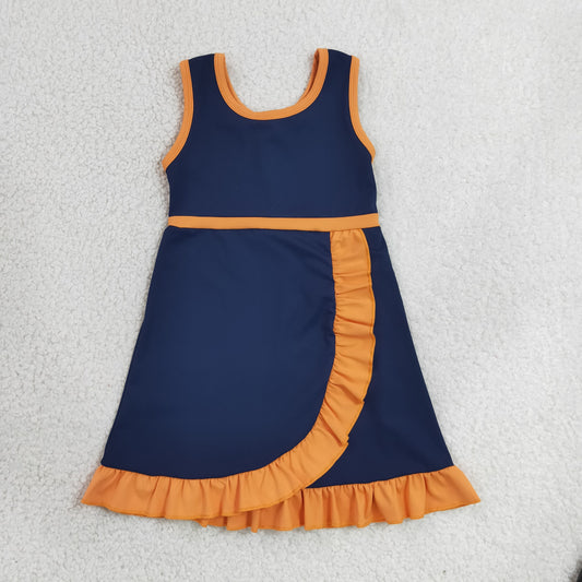 solid navy blue and orange ruffle athletic dress