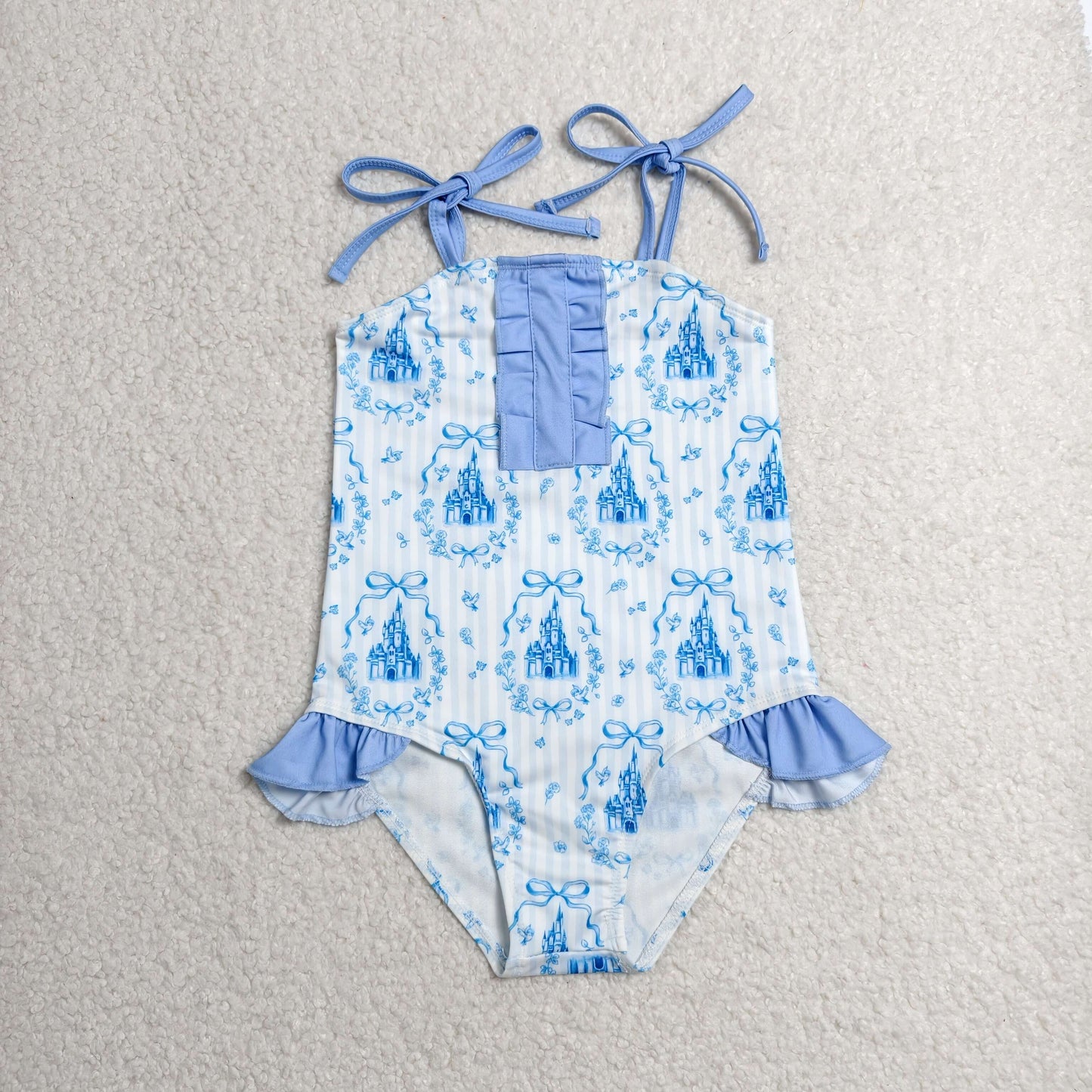 one pieces blue castle suspender swimsuit