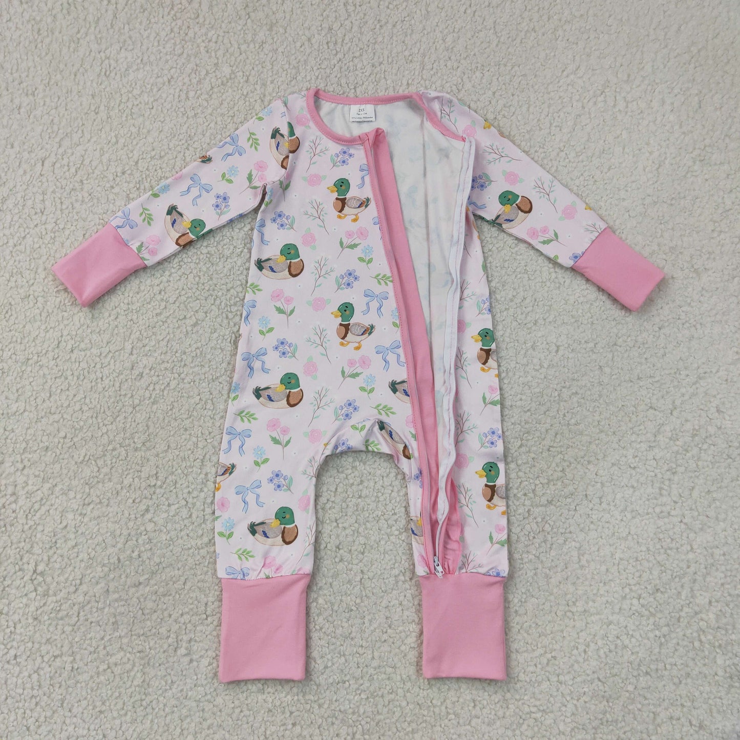 LR3071  baby girl long sleeve pink duck print zippy PJ