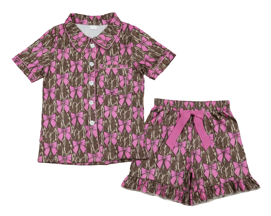 adult pajamas women pink bow and camo print shorts pajamas set
