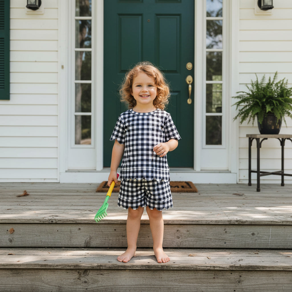 black gingham scallop shorts set girl summer clothing