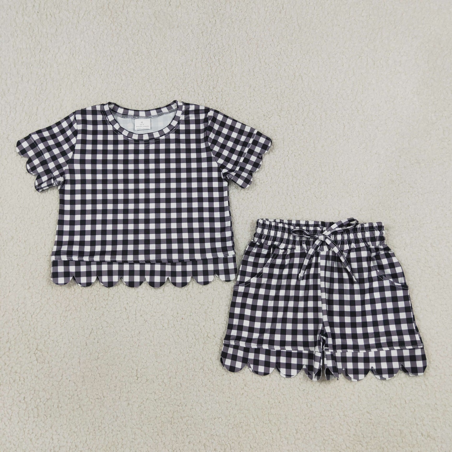 black gingham scallop shorts set girl summer clothing