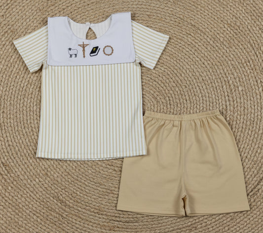 embroidery gold stripes jesus shorts set boy clothing