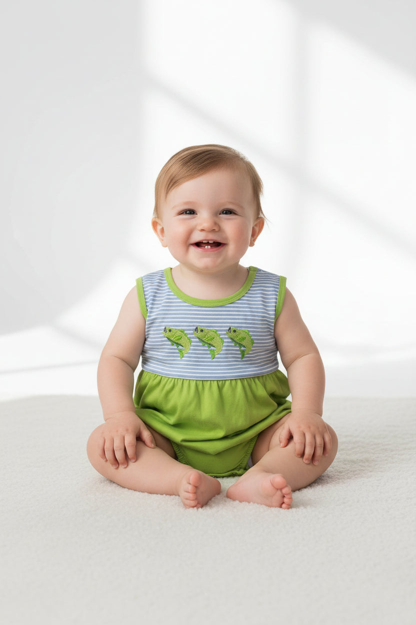 green fish embroidery bubble boy romper