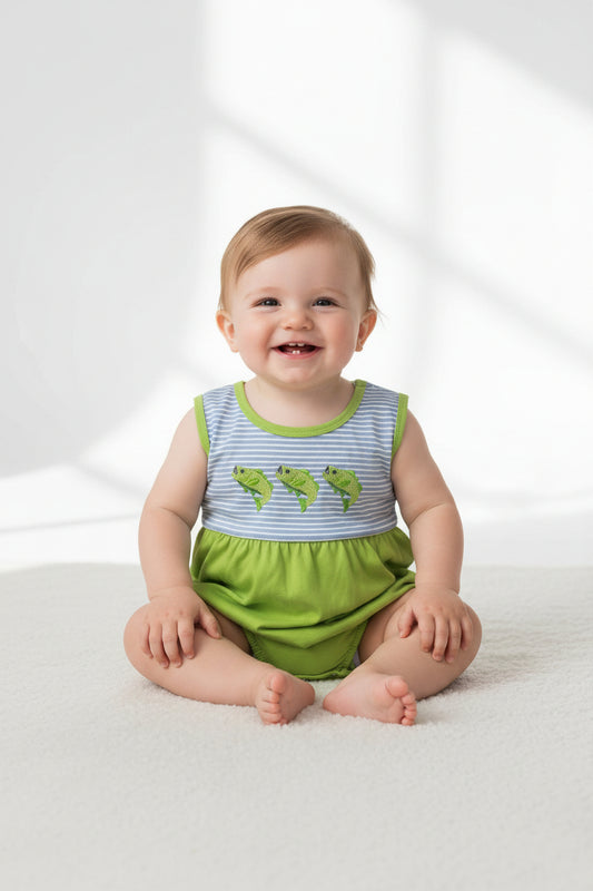 green fish embroidery bubble boy romper