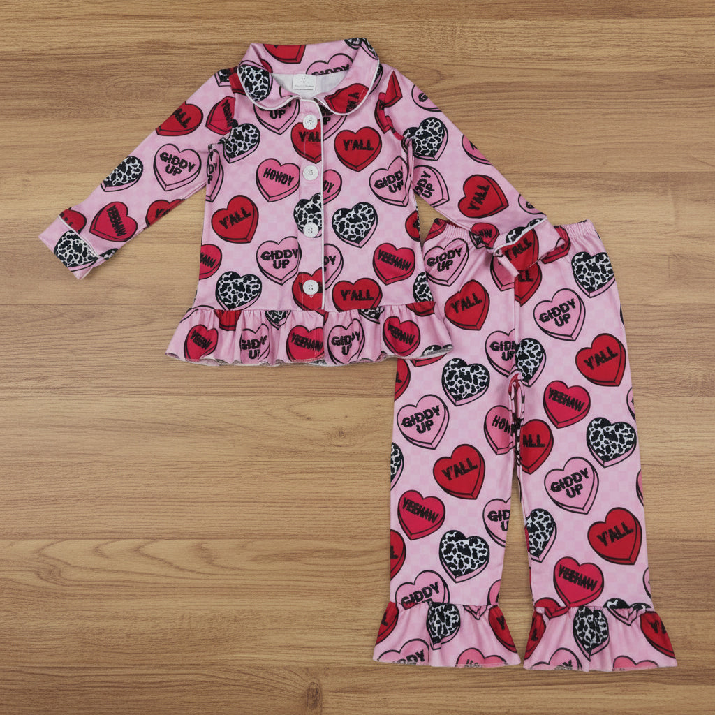 valentine's day heart candy button down pajama set