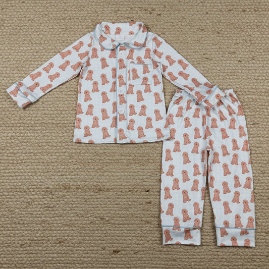 long sleeve puppy dog print button down pajama outfit