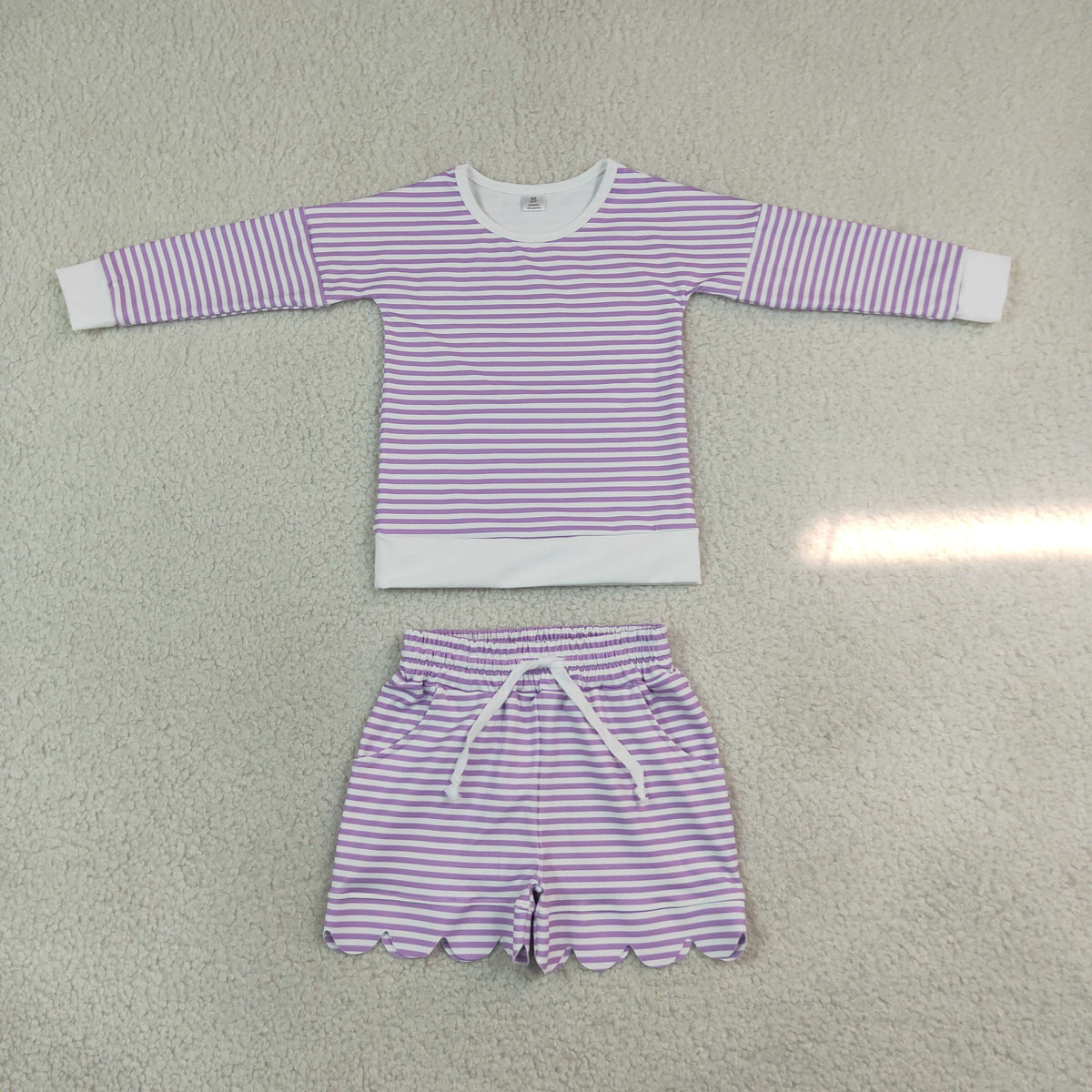 long sleeve purple stripes scallop shorts set