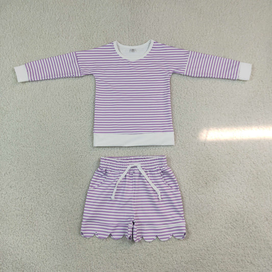 long sleeve purple stripes scallop shorts set