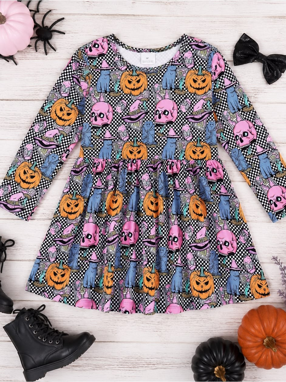Custom order MOQ 5 Halloween Ghost Pumpkin Disco Skater Long Sleeve Dress