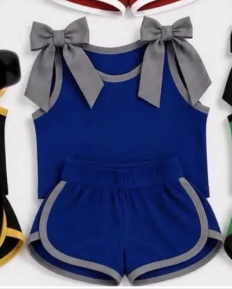 Custom order MOQ 3 Shannon royal blue and gray bow tank shorts set