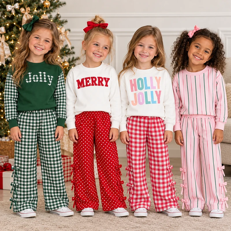 MOQ 5one items TAT 7-8weeks 95%cotton 5%spandex holly jolly merry christmas girl outfit