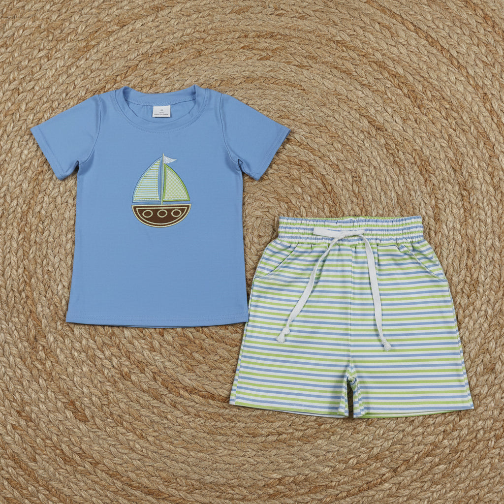 sailboat embroidery boy shorts set kids clothes