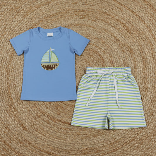 sailboat embroidery boy shorts set kids clothes