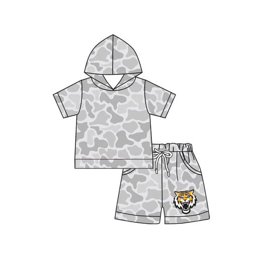 Custom order MOQ 5 Baby Boys Grey Camo Tiger Hoodie Pockets Short Team Clothes Set