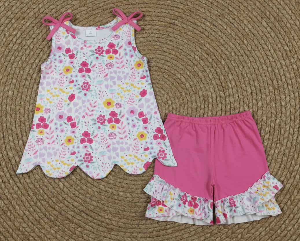 hot pink floral scallop shorts set summer girl clothing