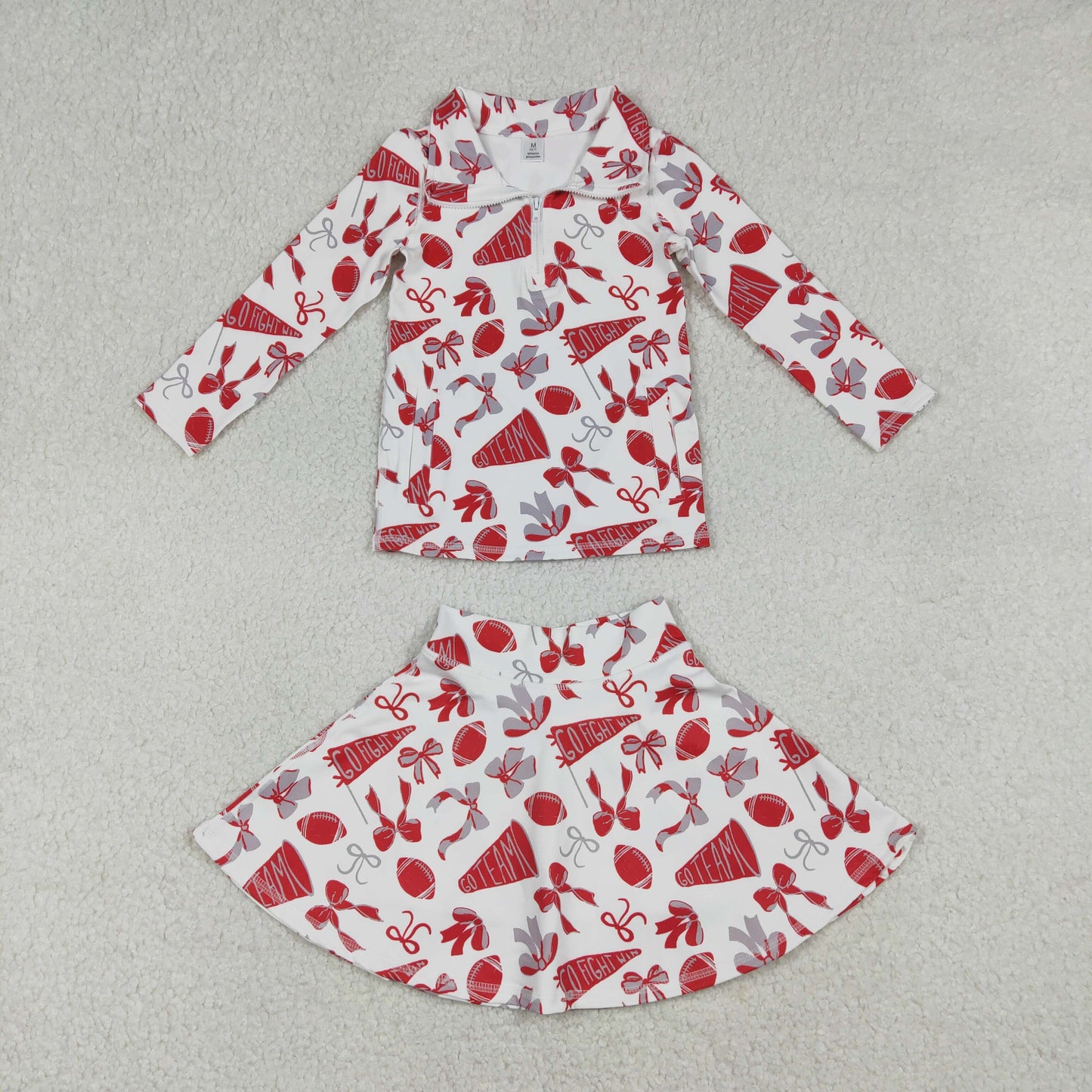 go team fight win football red bows two piece zipper athletic skirts outfit