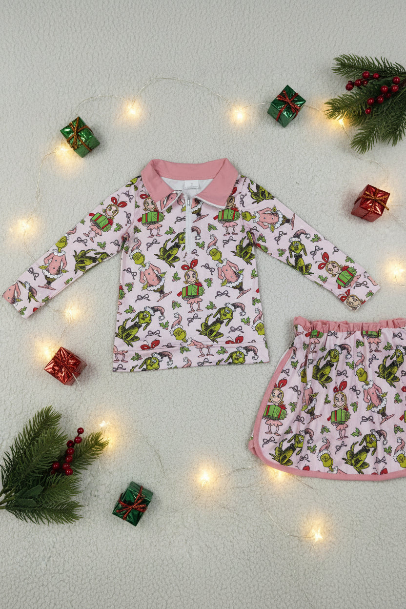 pink zipper long sleeve grinchmas pullover skorts set