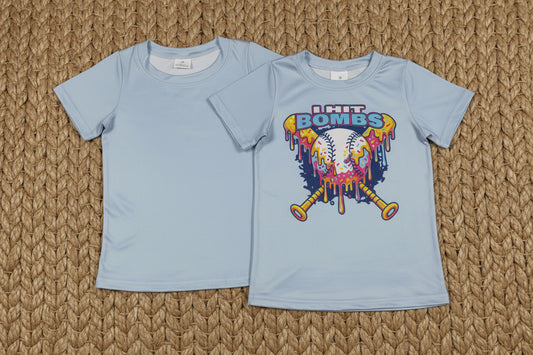 BT1251 unisex child i hit bombs baseball print blue tee