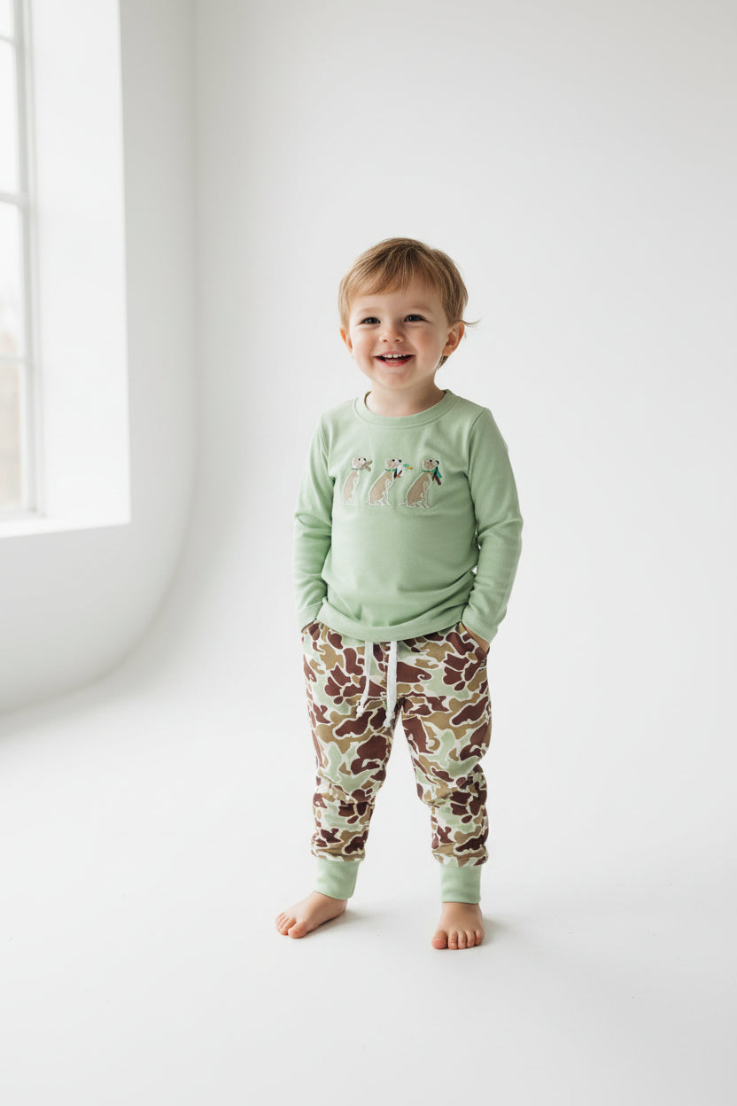 hunter dog embroidery shirt camo joggers boys outfit