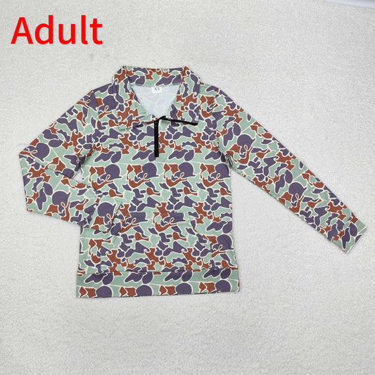 GT0833 Adult Women Pocket Camouflage Brown Green Zipper Long Sleeve Top