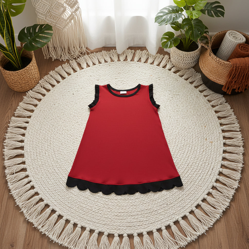 solid dark red black scallop dress
