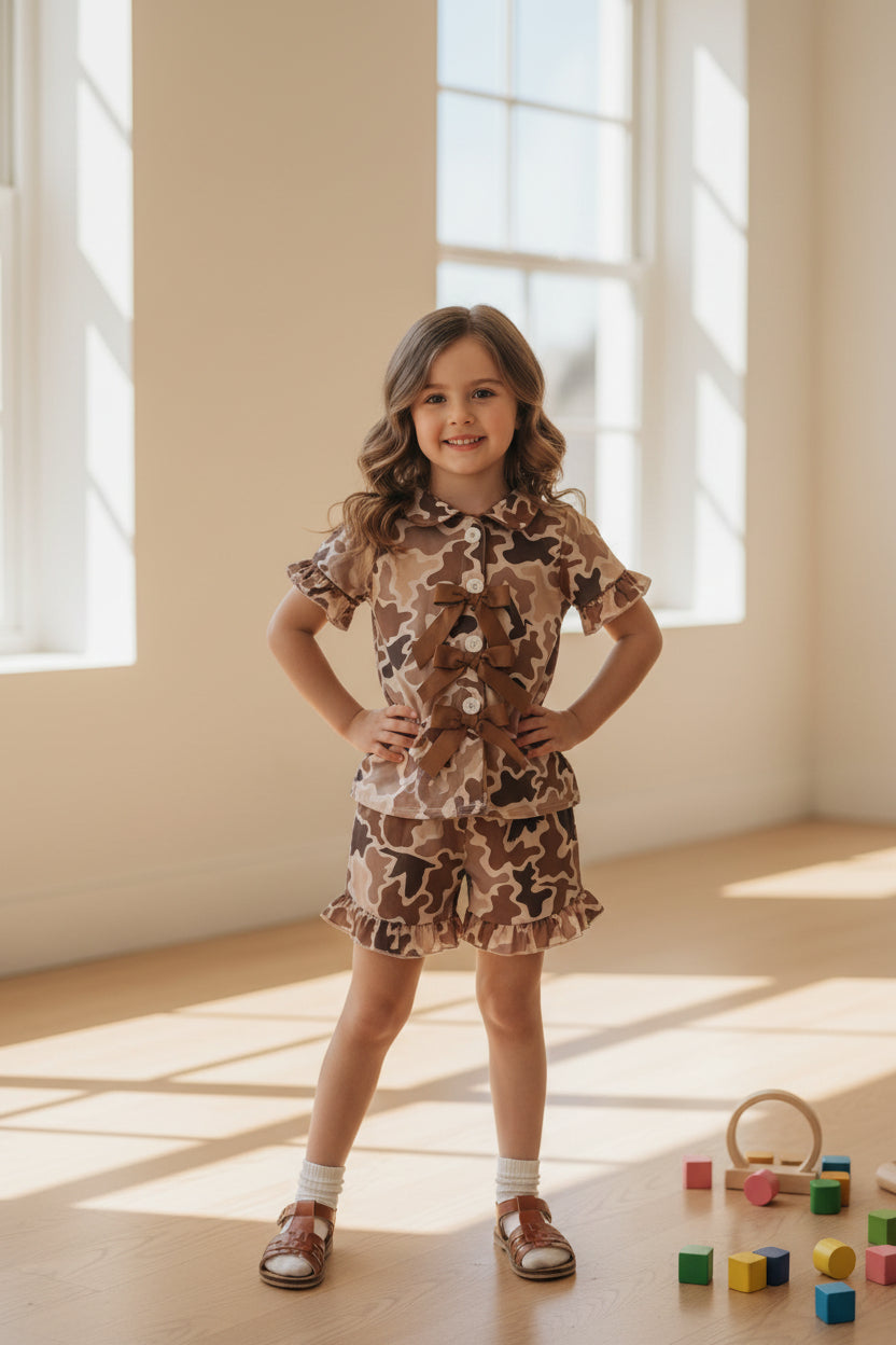 camo bow button down shorts pajama set girls sleepwear