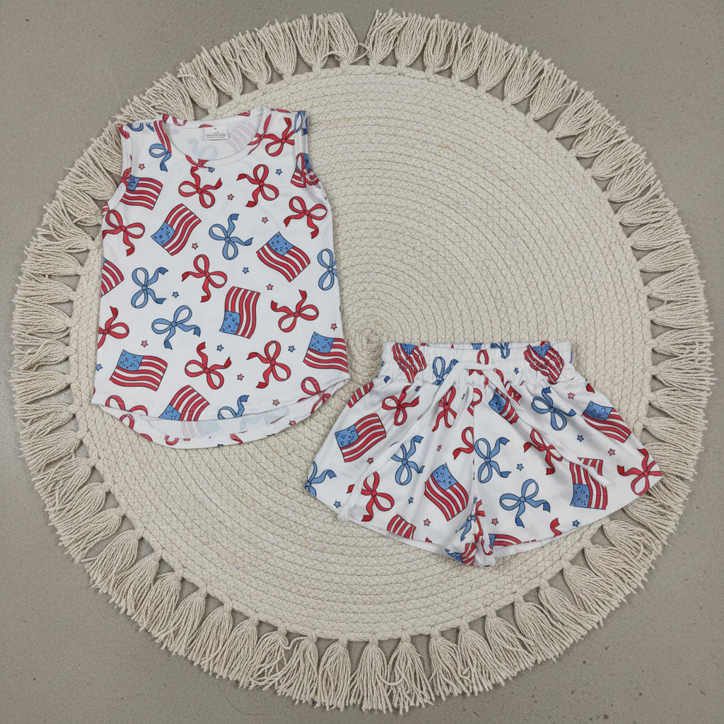 4th of july red white blue flag and coquette butterfly shorts set toddler girl clothing