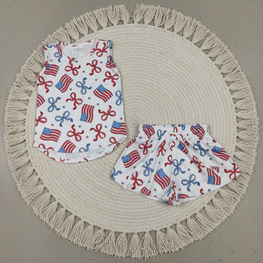 4th of july red white blue flag and coquette butterfly shorts set toddler girl clothing