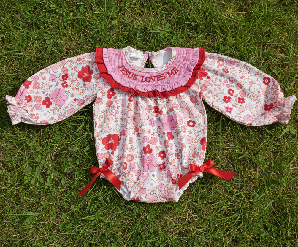 red flower jesus loves me embroidery smock romper baby clothes