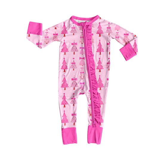 Custom Baby Girls Christmas Pink Trees Zipper Footie Rompers D 8.13