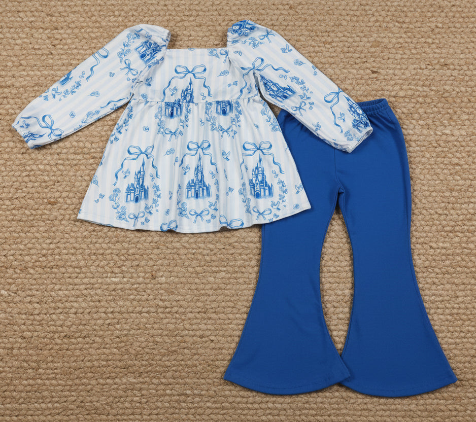 long sleeve blue castle belle pants set toddler girl outfit