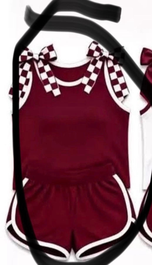 Custom order MOQ 3 Shannon maroon and white checkered bow tank shorts set