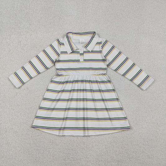 GLD1331 Baby Girls Pink Yellow Green Stripes Button Mardigras Knee Length Dresses D 1030
