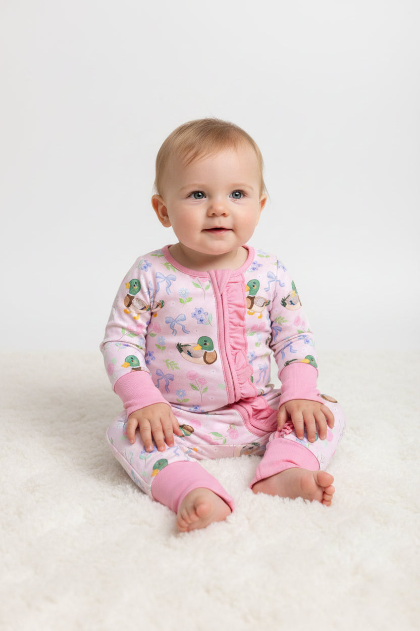 LR3071  baby girl long sleeve pink duck print zippy PJ