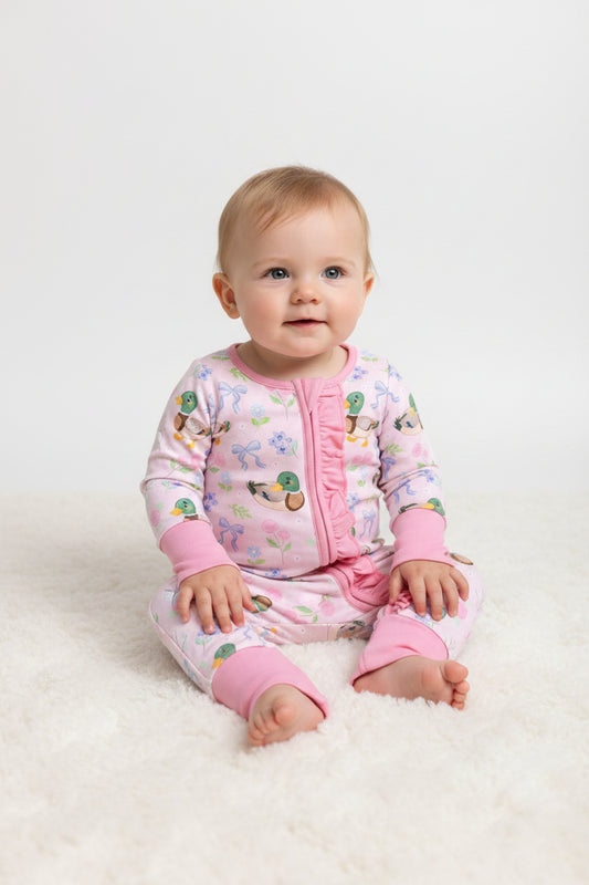 LR3071  baby girl long sleeve pink duck print zippy PJ