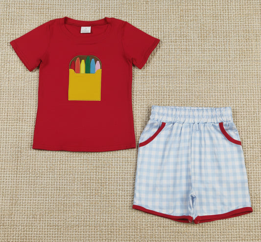 BSSO1819  embroidery crayon embroidery plaid boys back to school outfits