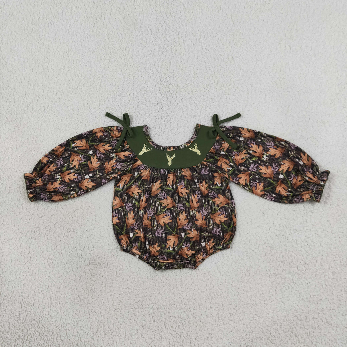 LR2728 fall leaves camo deer embroidery girl romper