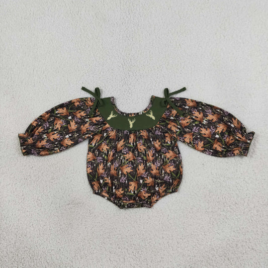 LR2728 fall leaves camo deer embroidery girl romper