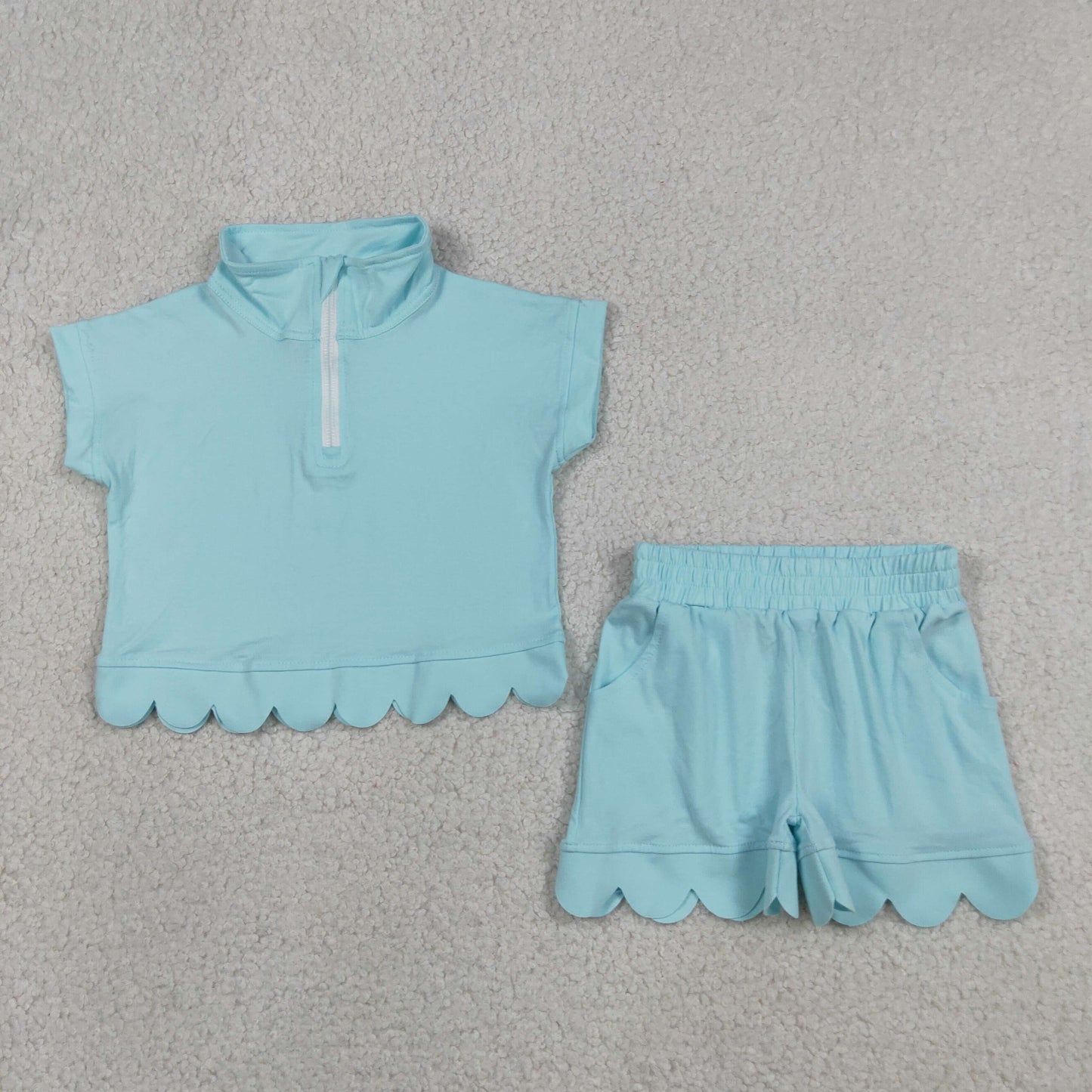 solid sky blue zipper scallop shorts set summer girl clothing