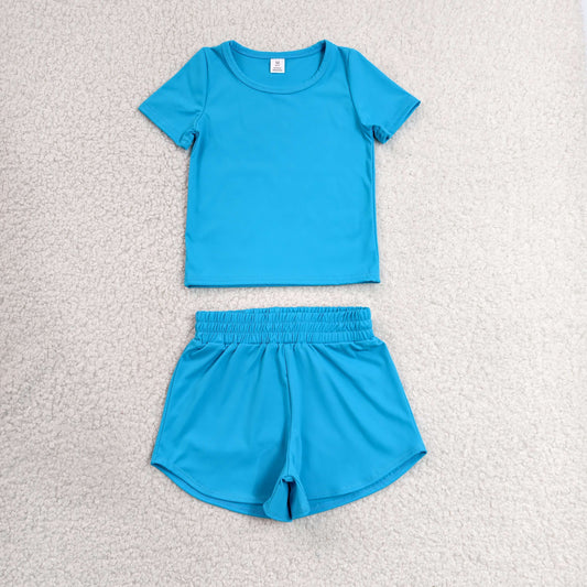 solid blue athletic shorts set sports yoga toddler girl clothing