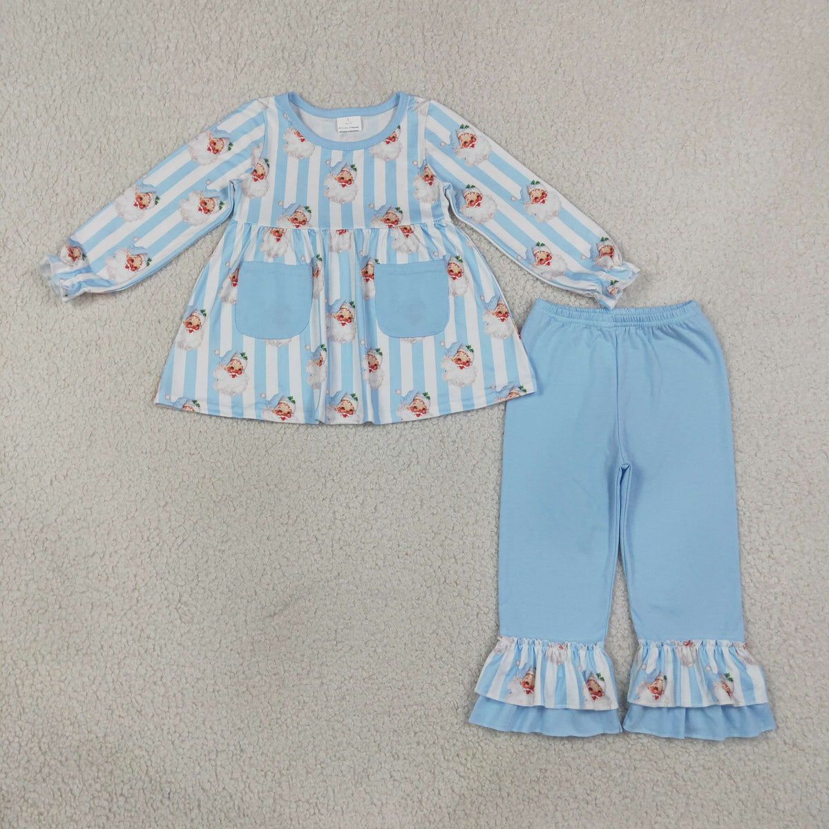 blue striped with santa print ruffle pants set christmas girl outfit