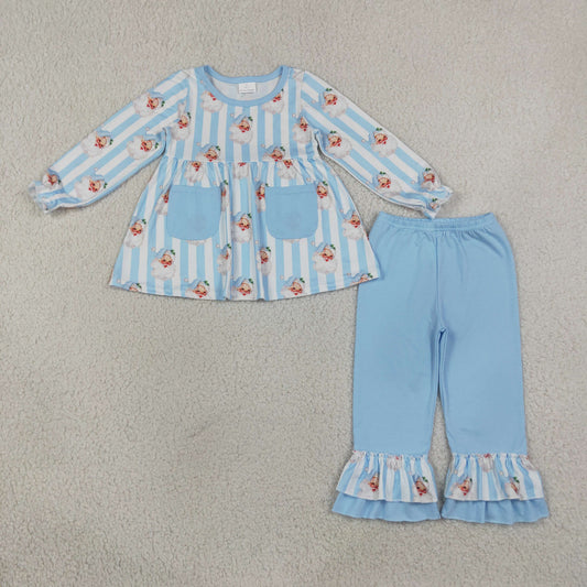 blue striped with santa print ruffle pants set christmas girl outfit