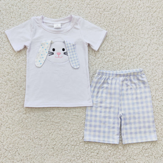 Easter white blue rabbit embroidery shorts set boy