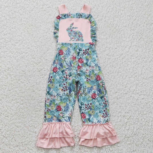 Easter ruffle floral jumpsuit with bunny print kids clothing