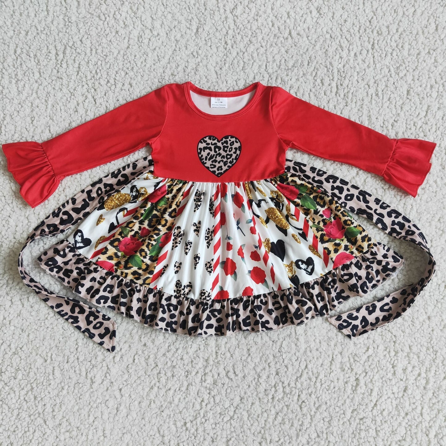 Red long sleeve leopard heart valentines dress
