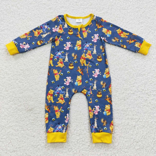 LR0347 Cartoon Bear Blue Yellow Zipper Long Sleeve Bodysuit