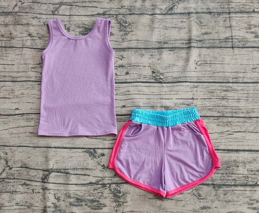 presale  GSSO2506 Solid blue and purple sleeveless contrast shorts yoga set D 4.8