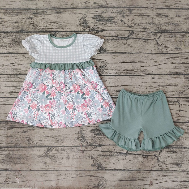 GSSO0247 Pink Flower Plaid Short Sleeve Grass Green Shorts Set